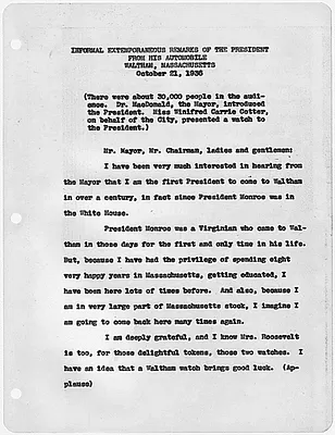 Extemporaneous remarks from his automobile in Waltham, Massachusetts.