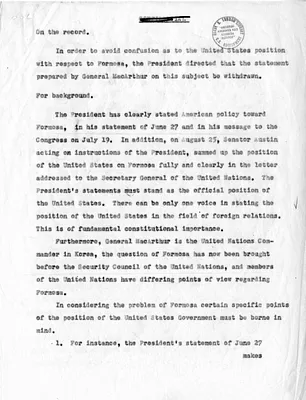 Unsigned Statement on General Douglas MacArthur's Statement on Formosa