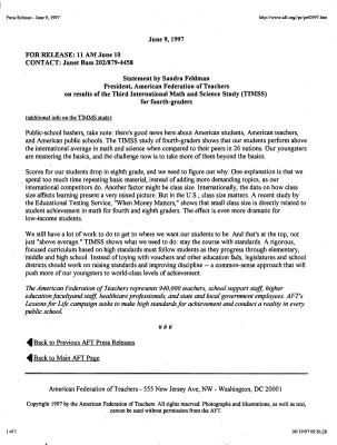 Fourth Grade TIMSS [Third International Math and Science Study] Announcement