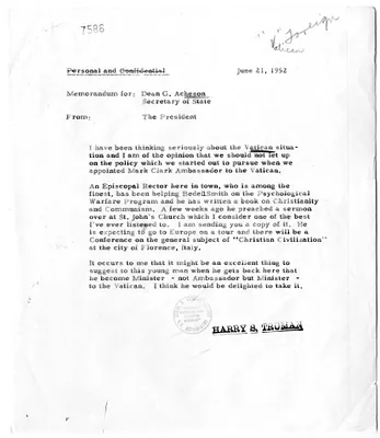 Memorandum from Roger Jones to David Lloyd, with Related Memorandum from President Harry S. Truman to Secretary of State Dean Acheson