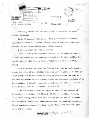 Telegram from President Harry S. Truman to Prime Minister Winston Churchill
