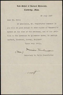 Marion Tomlinson typed note signed to Joseph Moro, Cambridge, Mass., July 29, 1927