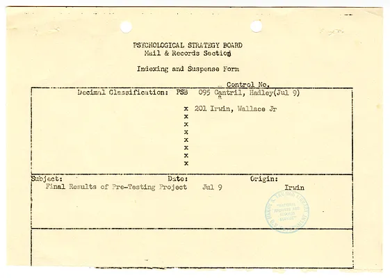 Indexing Form re Final Results of Pre-Testing Project, with Attachment
