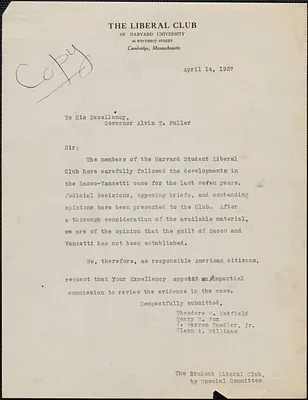 Theodore M. Hatfield et al (Harvard Student Liberal Club) typed letter (copy) to Alvan T. Fuller, Cambridge, Mass., April 14, 1927