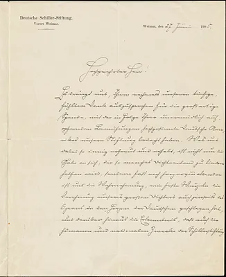 Rothe, Carl, 1848- autograph letter signed to Hugo Münsterberg, Weimar, Ger., 27 June 1905