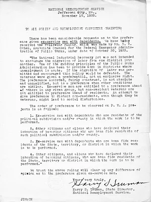 Directive from Harry S. Truman  to State Relief and Reemployment Committee Chairmen