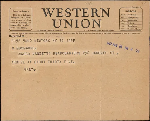 [John W. ?] Grey telegram to M[ichael] Musmanno, New York, N. Y., August 19, 1927