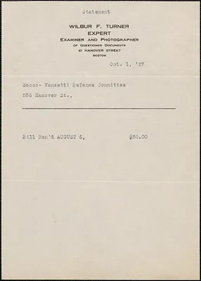 Wilber F. Turner typed statement to Sacco-Vanzetti Defense Committee, Boston, Mass., October 1, 1927