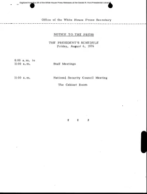President's Schedule, Friday, August 6, 1976