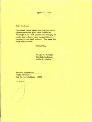 Letter from Andrew Rosenbaum to President Nixon and the Response from the White House