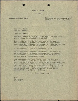 Fred H. Moore typed letter to E[lizabeth] G[lendower] Evans, Boston, Mass., September 10, 1923