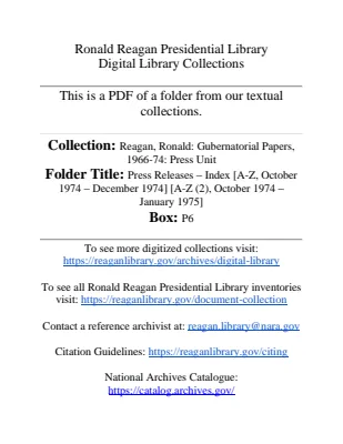 Press Releases - Index [A-Z, October 1974 - December 1974] [A-Z (2), October 1974 - January 1975]
