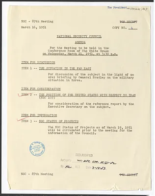 Agenda of the Eighty-Seventh Meeting of the National Security Council
