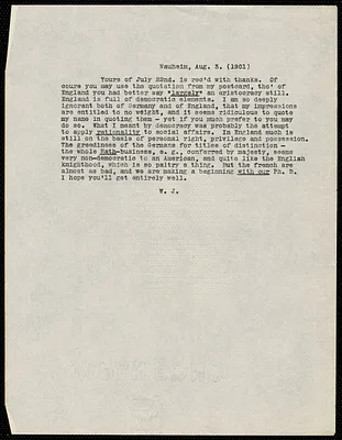 James, William, 1842-1910 typed letter signed to Hugo Münsterberg, Bad-Nauheim, Ger., 3 August 1901