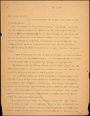 Bartolomeo Vanzetti typed letter (copy) to Alice Stone Blackwell, [Charlestown], 5 December 1925
