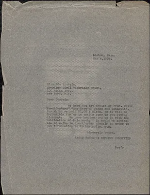 Sacco-Vanzetti Defense Committee typed note (copy) to Ida Epstein (American Civil Liberties Union), Boston, Mass., May 4, 1927