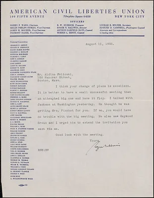 Roger N. Baldwin (American Civil Liberties Union) typed letter signed to Aldino Felicani, New York, N. Y., August 11, 1933