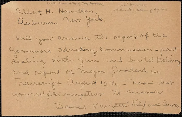 Mary Donovan (Sacco Vanzetti Defense Committee) autograph telegram (copy) to Albert H. Hamilton, Boston, Mass., [August 11?, 1927]