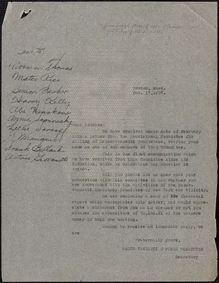 Sacco-Vanzetti Defense Committee typed letter circular (copy), Boston, Mass., February 17, 1927
