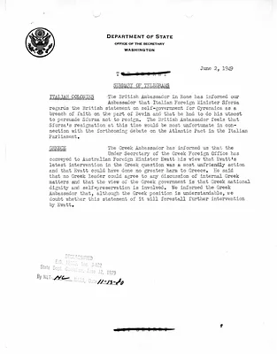 Memorandum, State Department Summary of Telegrams