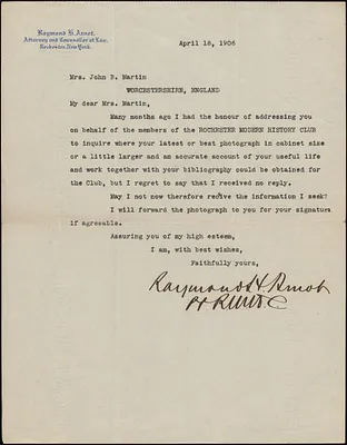Raymond H. Arnot typed letter signed to [Victoria Woodhull Martin], Rochester, N.Y., April 18, 1906