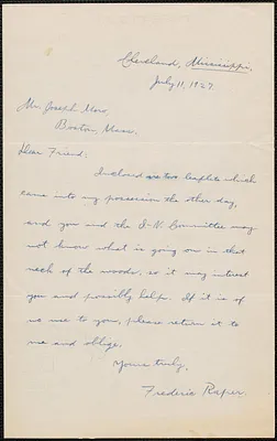 Frederic W. Raper autograph note signed to Joseph Moro, Cleveland, Miss., July 11, 1927