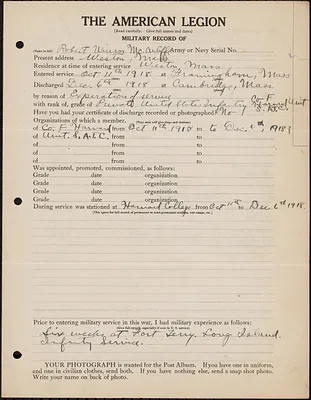 American Legion military record of Robert Winsor McAuliffe