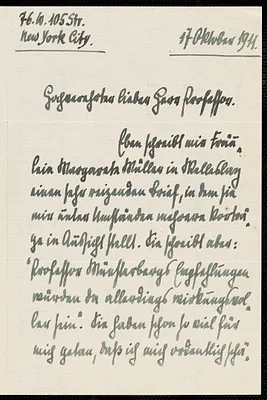 Jacoby, Günther, 1881-1969 autograph letter signed to Hugo Münsterberg, New York, 17 October 1911