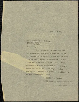 Sacco-Vanzetti Defense Committee typed letter (copy) to Upholsterers' International Union, Boston, Mass., November 19, 1926