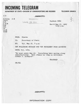 Telegram from Troutman to Secrertary of State George C. Marshall