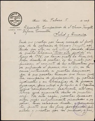 E. Looreley (Comitè De Agitacion Pro Libertad De Sacco Y Vanzetti) autograph letter signed, in Spanish, to Sacco-Vanzetti Defense Committee, Buenos Aires, Argentina, February 7, 1927