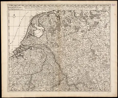 Tabula geographica qua pars septentrionalis sive Inferior Rheni, Mosae, et Mosellae, maximaeque partes Visurgis, Moeni, Amasi, Scaldis, Isalae, et alia in eosdem inluentia flumina, nec non provinciae Germaniae inferioris, Westphaliae, Hassiae, archiepiscopatus et electoratus Coloniensis ac Trevirensis, cum partibus Moguntini, et Palatinus Rheni, et aliae regiones adjacentes