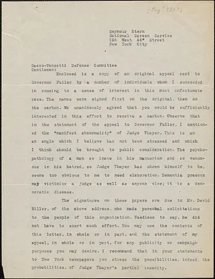 Seymour Stern typed letter signed to Sacco-Vanzetti Defense Committee, New York, N.Y., [May? 1927]