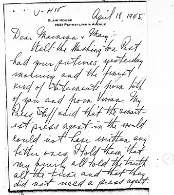 Letter from Harry S. Truman to Martha Ellen Truman and Mary Jane Truman