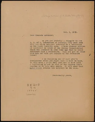 Sacco-Vanzetti Defense Committee typed letter (copy) to Luigi Antonini, Boston, Mass., October 1, 1925