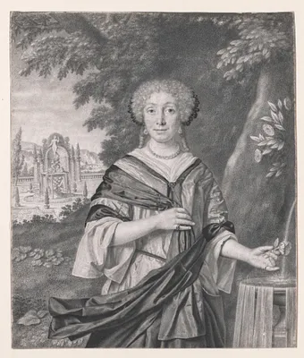Portrait of a Woman near a Fountain, a Rose in Her Hand