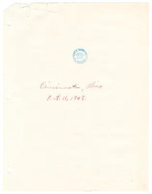 Reading Copy, Speech of President Harry S. Truman, Cincinnati, Ohio