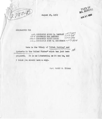 Memorandum from President Harry S. Truman to Vice President Alben Barkley, Senator Scott Lucas, Congressman Sam Rayburn, and Congressman John W. McCormack, with Attached Report