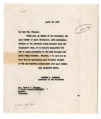 Letter from Beulah C. Flowers to President Harry S. Truman with Attachments and Reply from Matthew Connelly