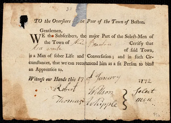 Susanna Jordan indentured to apprentice with Asa Waite of New Braintree, 22 January 1772