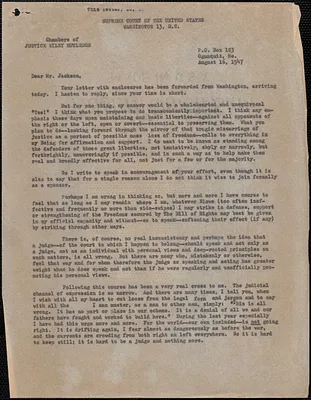 Wiley Rutledge (Supreme Court of the United States) typed letter (copy) to [Gardner] Jackson, Ogunquit, Me., August 16, 1947