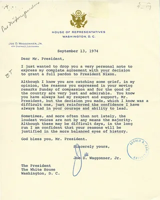 Letter from Representative Joe D. Waggonner, Jr. to President Gerald R. Ford Regarding the Pardon of Former President Richard Nixon