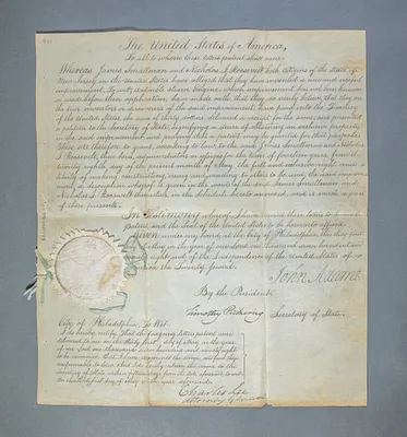 Patent issued to James Smallman and Nicholas J. Roosevelt and signed by John Adams, Timothy Pickering, and Charles Lee