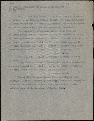Citizens National Committee for Sacco and Vanzetti press release (copy), Boston, Mass., August 17, 1927