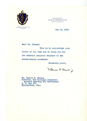 Letter from Thomas P. O'Neill to Daniel F. Clancy