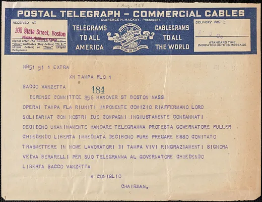 Alfonso Coniglio telegram, in Italian, to Sacco-Vanzetti Defense Committee, Tampa, Fla., August 1, 1927