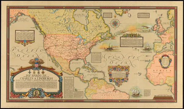 Map showing the overland and overseas flights of Charles A. Lindbergh