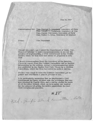 Memorandum from President Harry S. Truman to Secretary of State George Marshall, Secretary of War Robert Patterson, Secretary of the Navy James Forrestal, and Secretary of the Interior Julius Krug