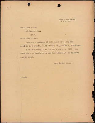 [Fred H. Moore] typed note (copy) to Anna Bloom, [Boston, Mass.], June 14, 1924
