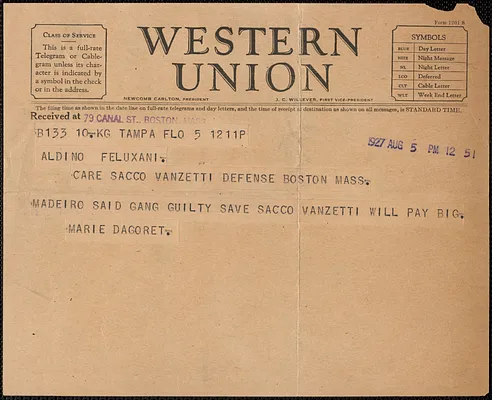Marie Dagoret telegram to Aldino Felicani, Tampa, Fla., August 5, 1927